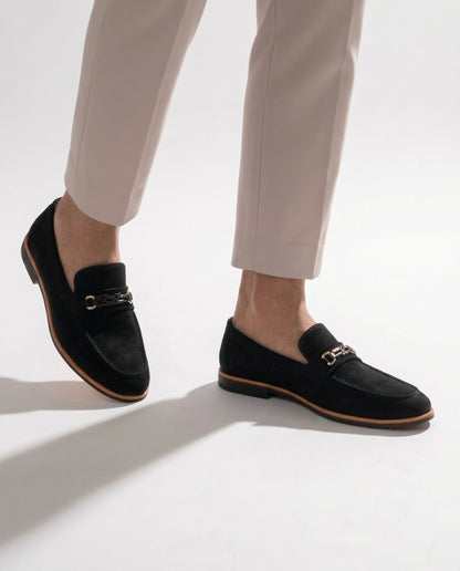 Classic Black Suede Metal Buckle Men's Loafers