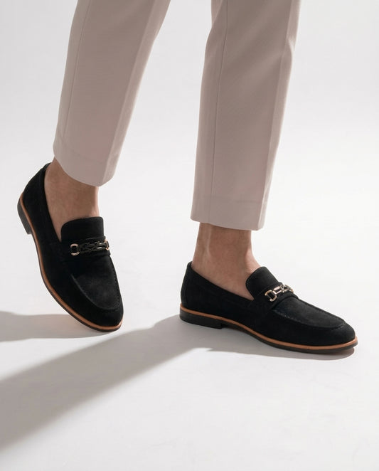 Classic Black Suede Metal Buckle Men's Loafers