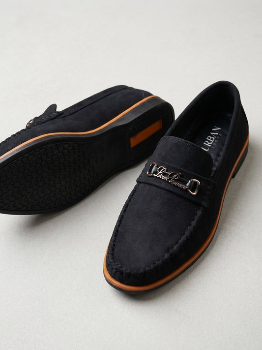Classic Black Suede Metal Buckle Men's Loafers
