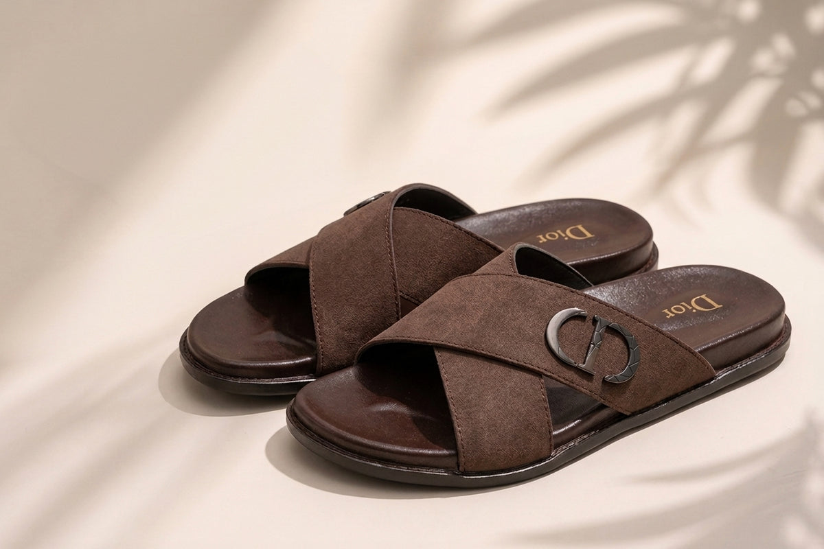 Men's Leather Cross-Strap Sandals - Dark Brown