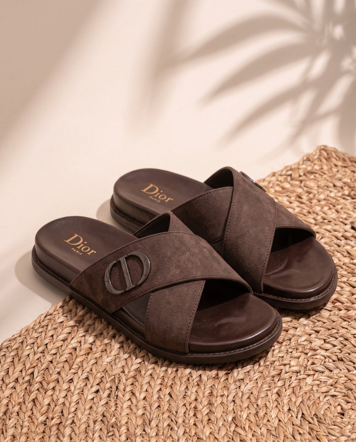 Men's Leather Cross-Strap Sandals - Dark Brown
